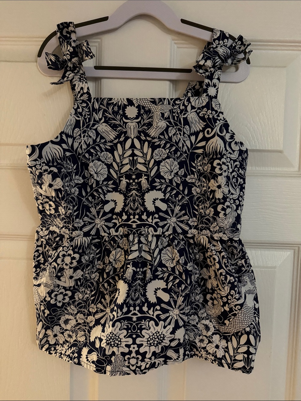 J. Crew Navy and White Floral Tie-Strap Tank Top